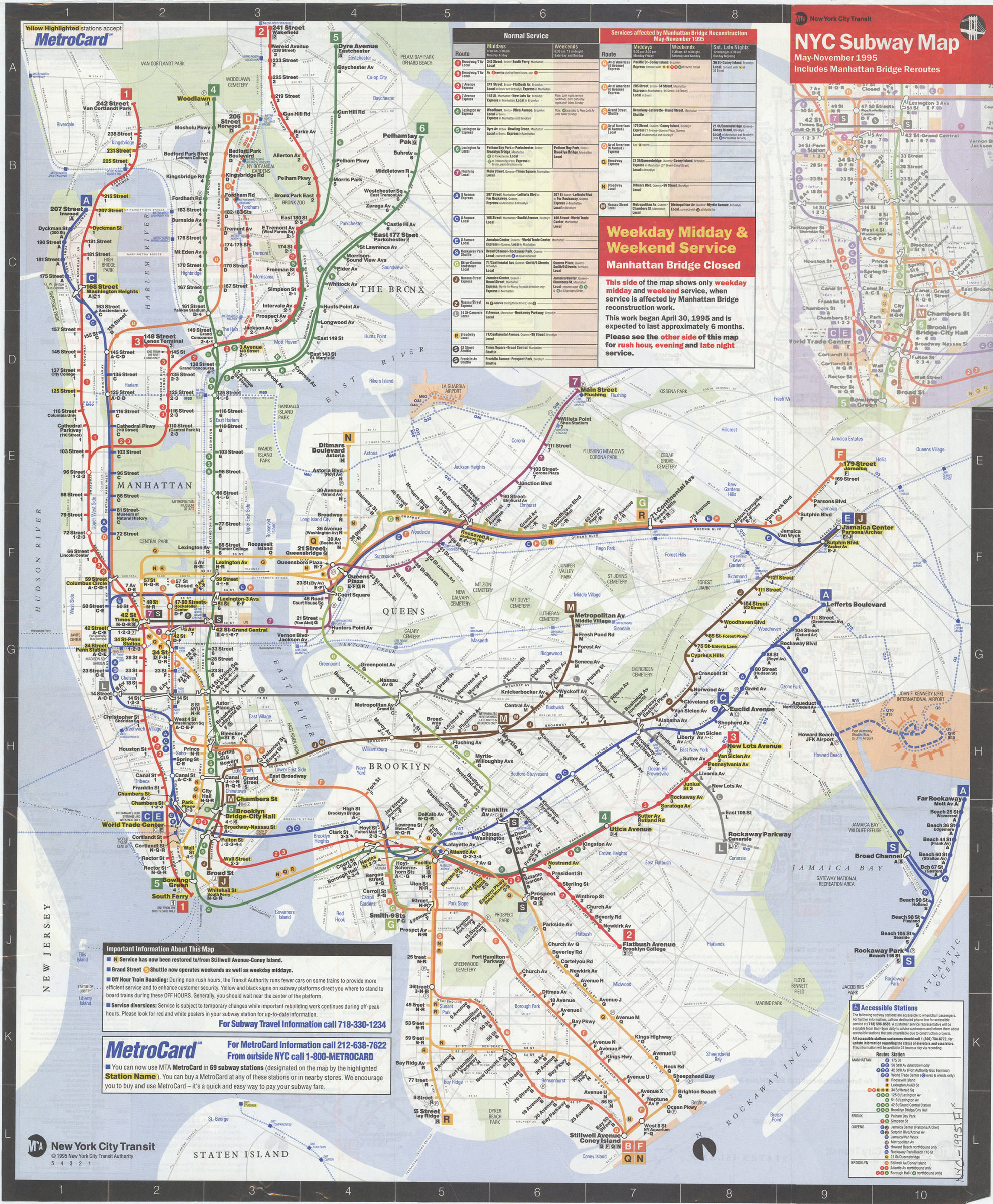 NYC subway map, May-November 1995: includes Manhattan Bridge reroutes
