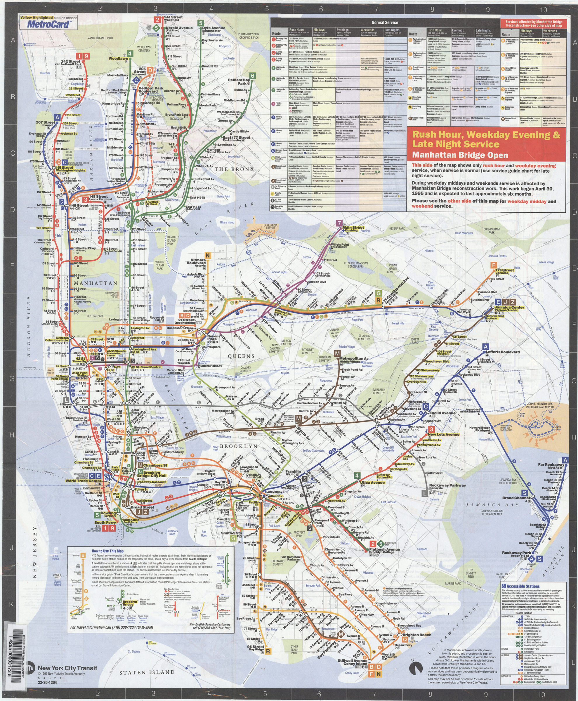 Nyc Subway Map May November 1995 Includes Manhattan Bridge Reroutes
